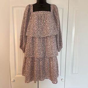 Who What Wear Tiered Pink and Black Patterned Dress NWT